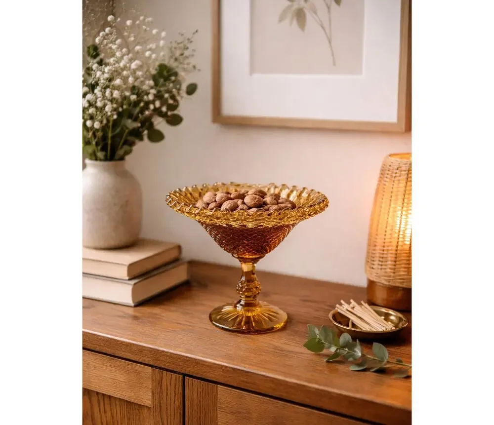 Vintage Amber Glass Ruffle Diamond Pattern Compote Stemmed Candy Dish